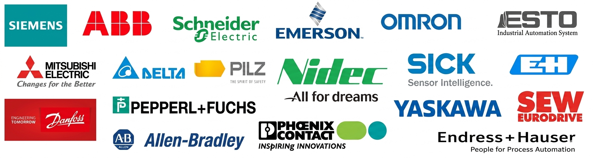 Brands We Work With - Nidec, Siemens, Allen-Bradley, ABB, Delta, Mitsubishi, Schneider, Omron, Weintek